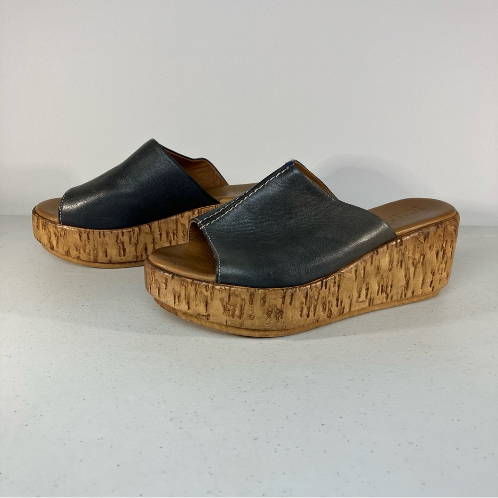 Scala Size 37 Slip On Wedges European Style Brown Blue with White Stitching Used